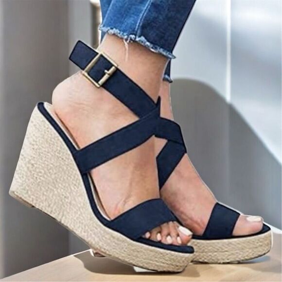 COUTGO Women's Navy Blue Espadrille Wedge Sandals Anke Strap Buckle - Picture 2 of 9